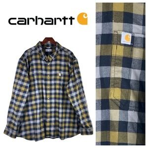Carhartt Mens 3XL XXXL Shirt Button Down Heavy Flannel Plaid Yellow Blue Outdoor